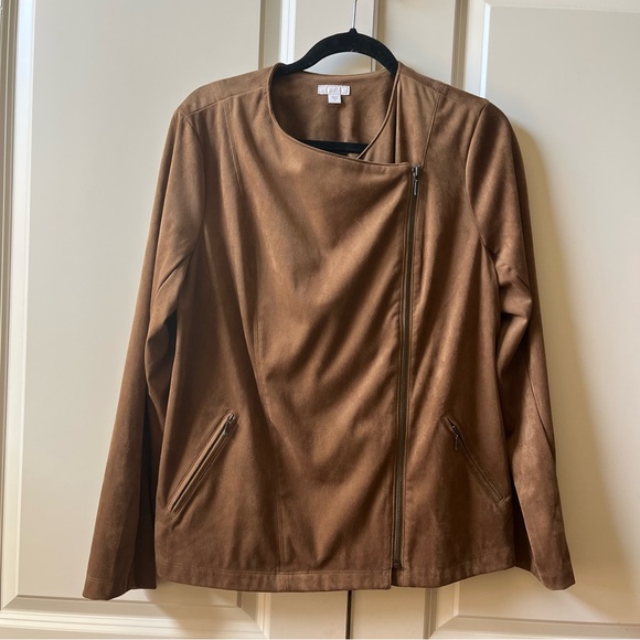NWOT J.Jill Acorn Brown Faux Suede Asymmetric Zip Up Moto Jacket Size medium - Picture 6 of 9